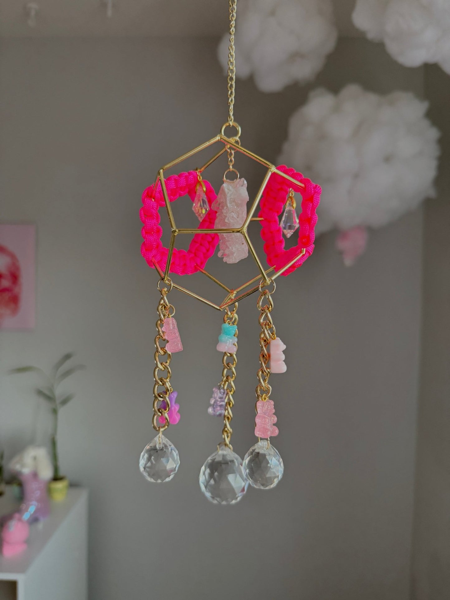 Pink Sun Catcher with Clear Quartz Cluster - catchandreflect